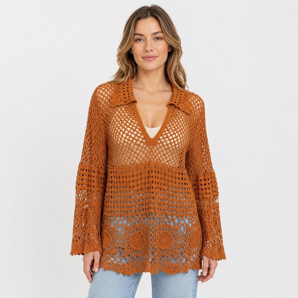 Cato Crochet Tunic Top L Rust Orange Cotton Open Knit Boho Vacation Festival